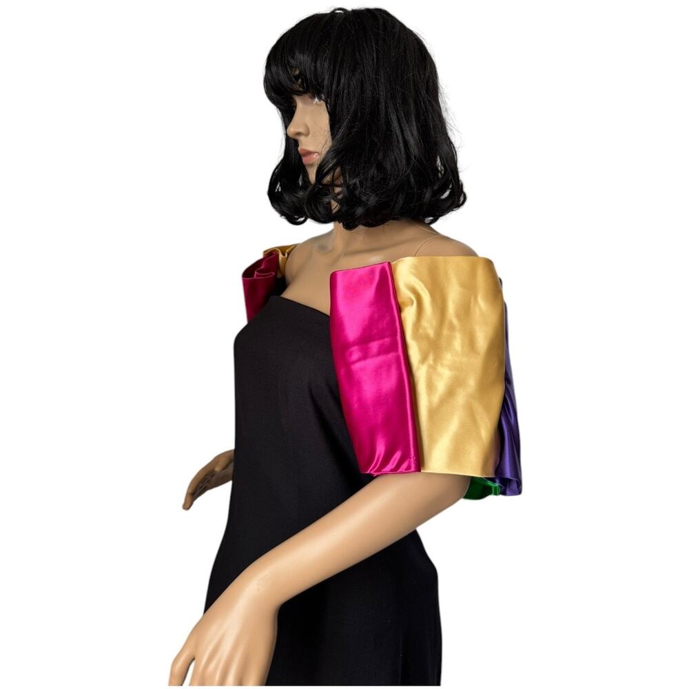 Vintage 80's black with off shoulder multi colors puff satin sleeves size s-m - Picture 6 of 16